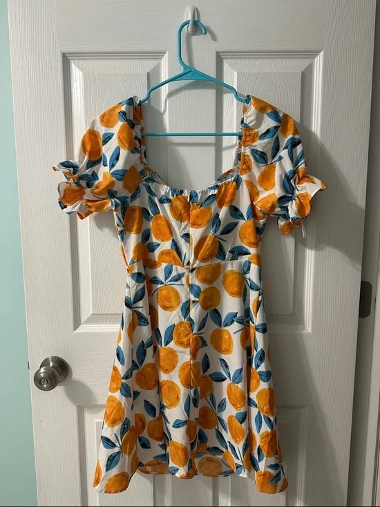 Women’s Orange Print Puff-Sleeve Summer Dress - Picture 6 of 6
